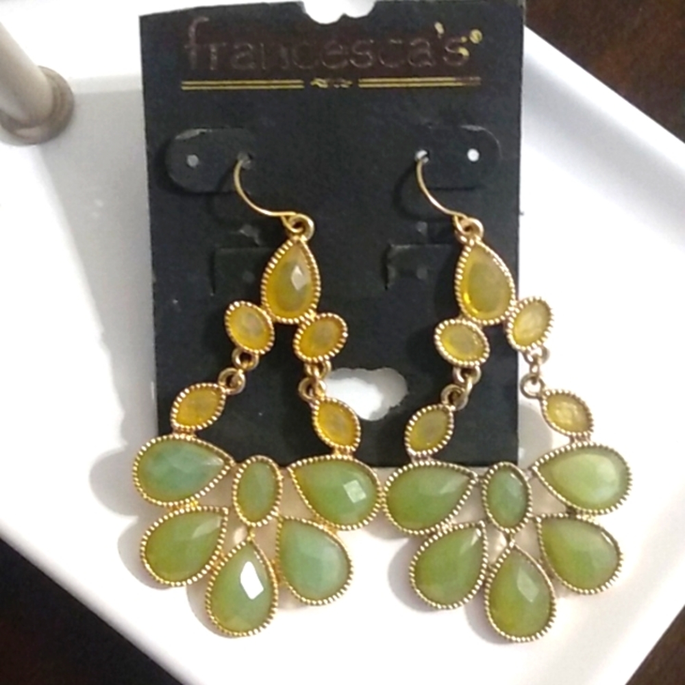 Francesca's Gold Toned Chandelier Earrings with Green Stones